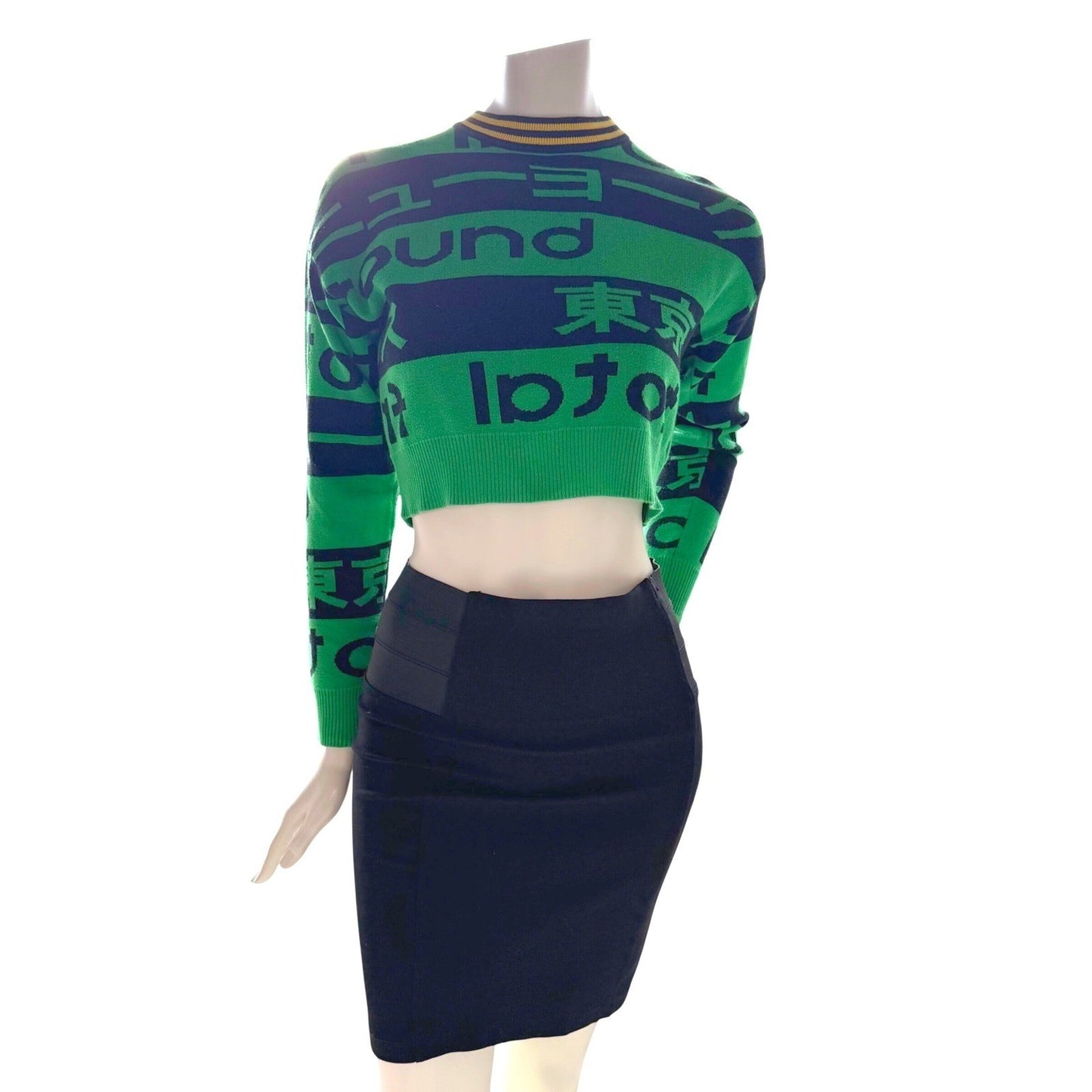 Tokyo Graphic Green Black Crop Sweater Y2K Streetwear Harajuku Grunge Sz Small