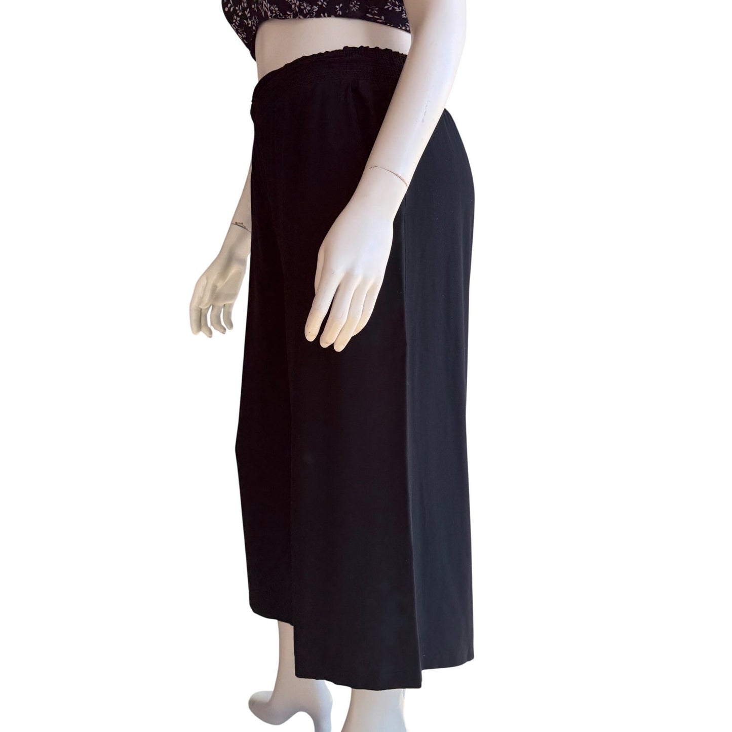 Vintage Wide Leg Pants Black Rayon Smocked High Waist Cropped Culottes Large
