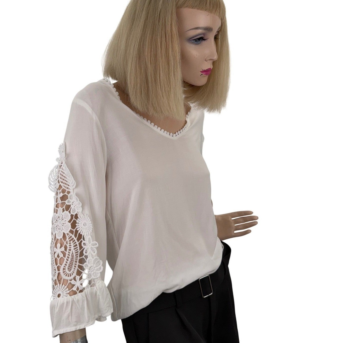 White V-Neck Blouse Floral Crochet Lace Sleeves Pom-Pom Trim Fairycore Small