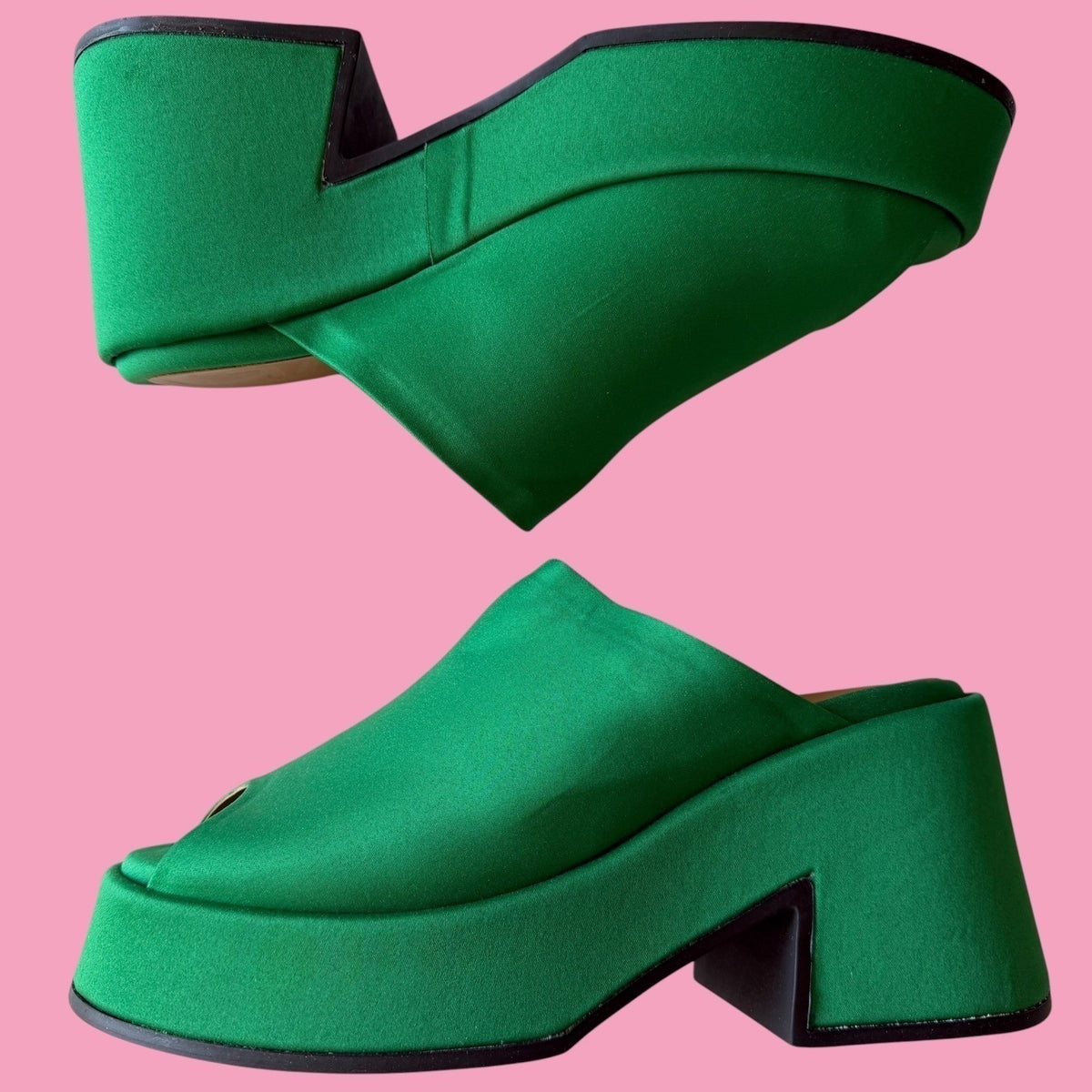 GANNI Platform Mule Slide Sandal Green Satin Block Heel Scandi Maximalist 40