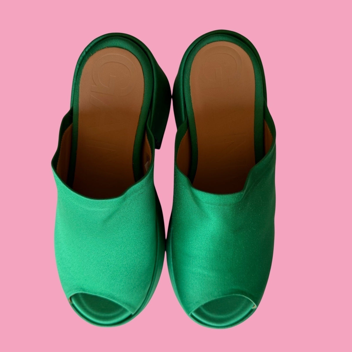 GANNI Platform Mule Slide Sandal Green Satin Block Heel Scandi Maximalist 40