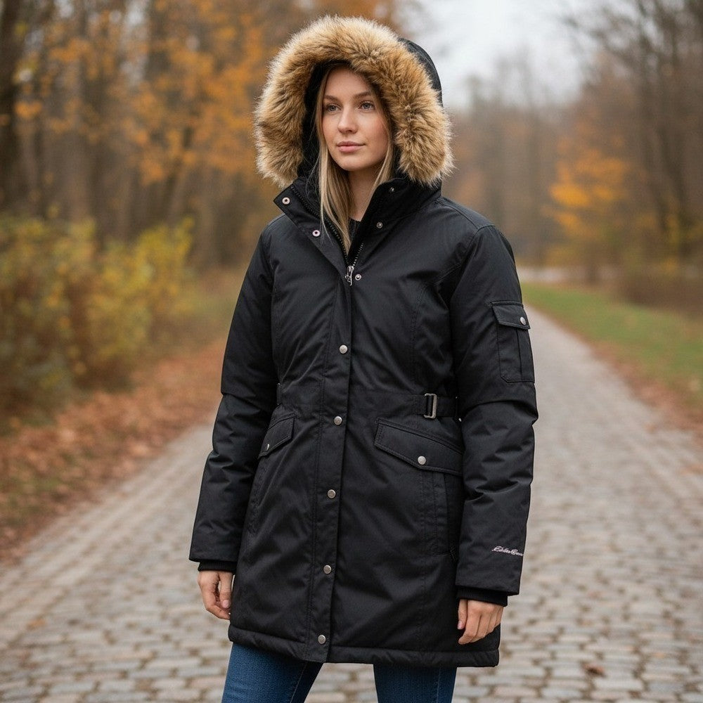 Eddie Bauer Weatheredge Superior Down Parka Black Faux Fur Hood Belted Sz XXL