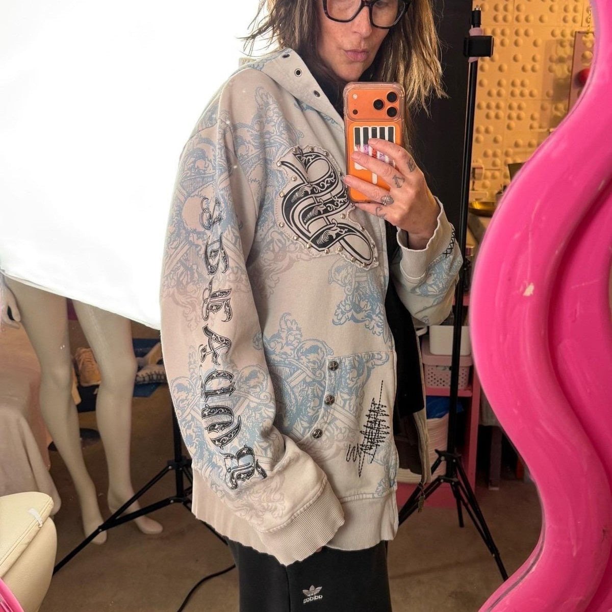 Vintage Y2K Rebel Spirit Hoodie Zip Skull Graphic Studs Grunge Streetwear 3XL