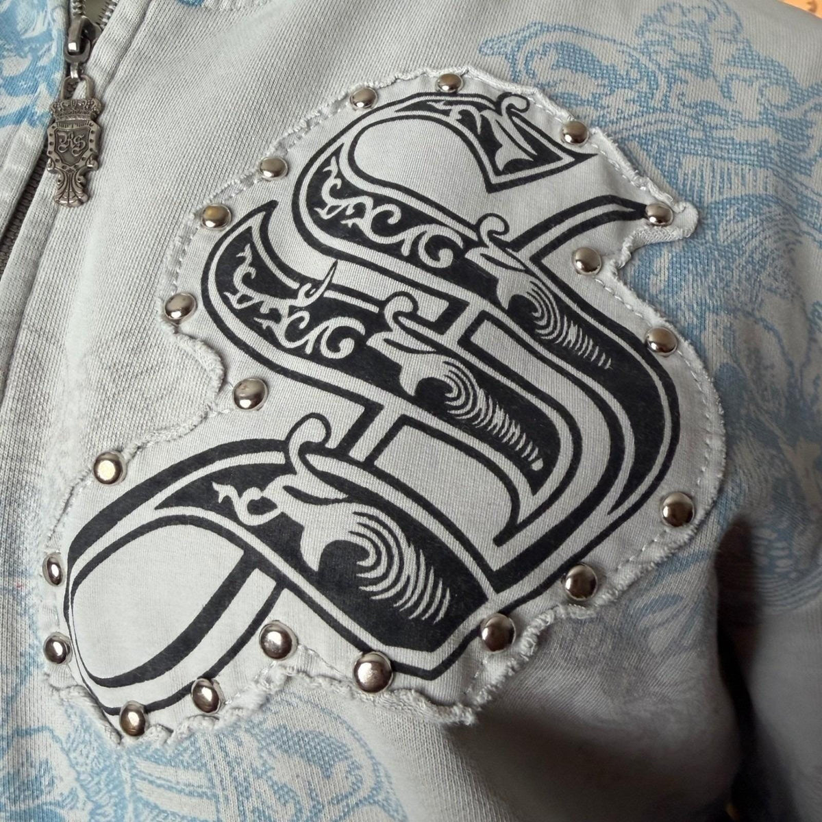 Vintage Y2K Rebel Spirit Hoodie Zip Skull Graphic Studs Grunge Streetwear 3XL