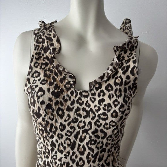 Jesus Diamante Leopard Print Body Con Midi Dress Ruffle Halter Back Cut Out XS
