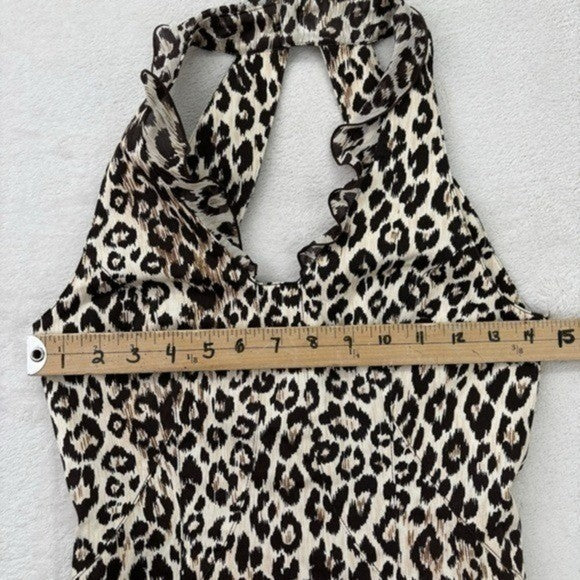 Jesus Diamante Leopard Print Body Con Midi Dress Ruffle Halter Back Cut Out XS
