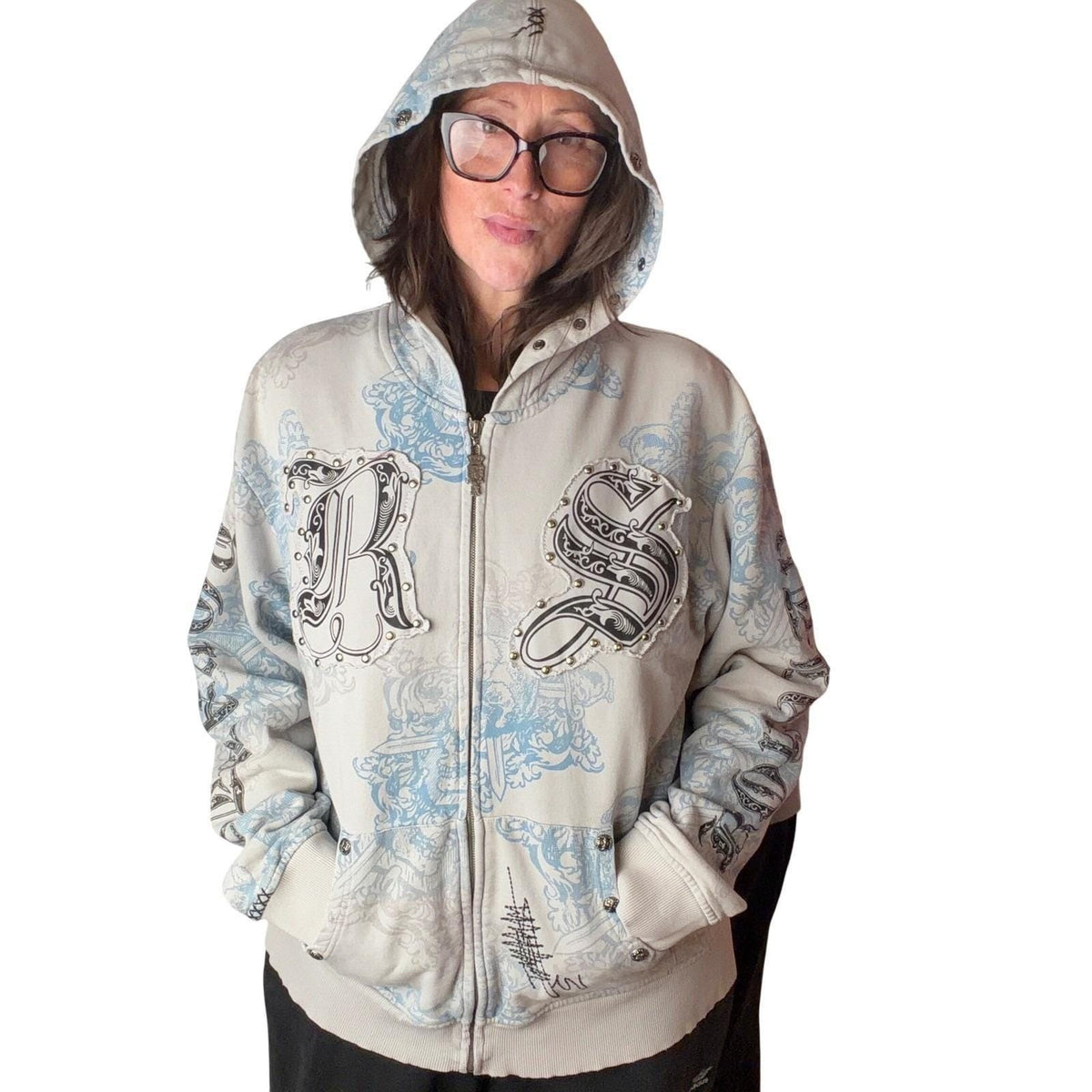 Vintage Y2K Rebel Spirit Hoodie Zip Skull Graphic Studs Grunge Streetwear 3XL