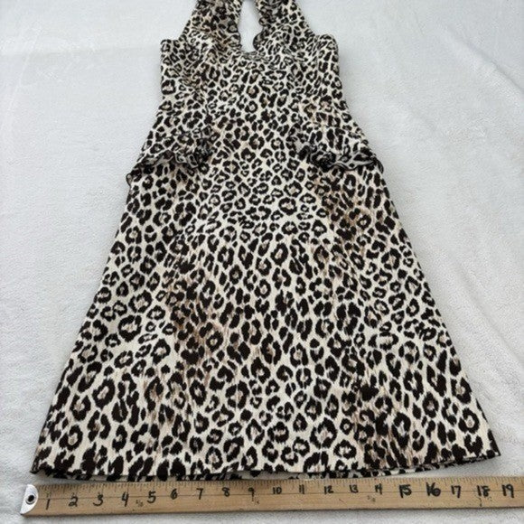 Jesus Diamante Leopard Print Body Con Midi Dress Ruffle Halter Back Cut Out XS