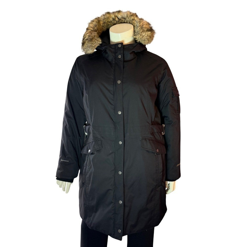 Eddie Bauer Weatheredge Superior Down Parka Black Faux Fur Hood Belted Sz XXL