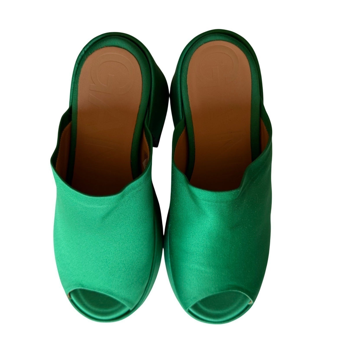 GANNI Platform Mule Slide Sandal Green Satin Block Heel Scandi Maximalist 40