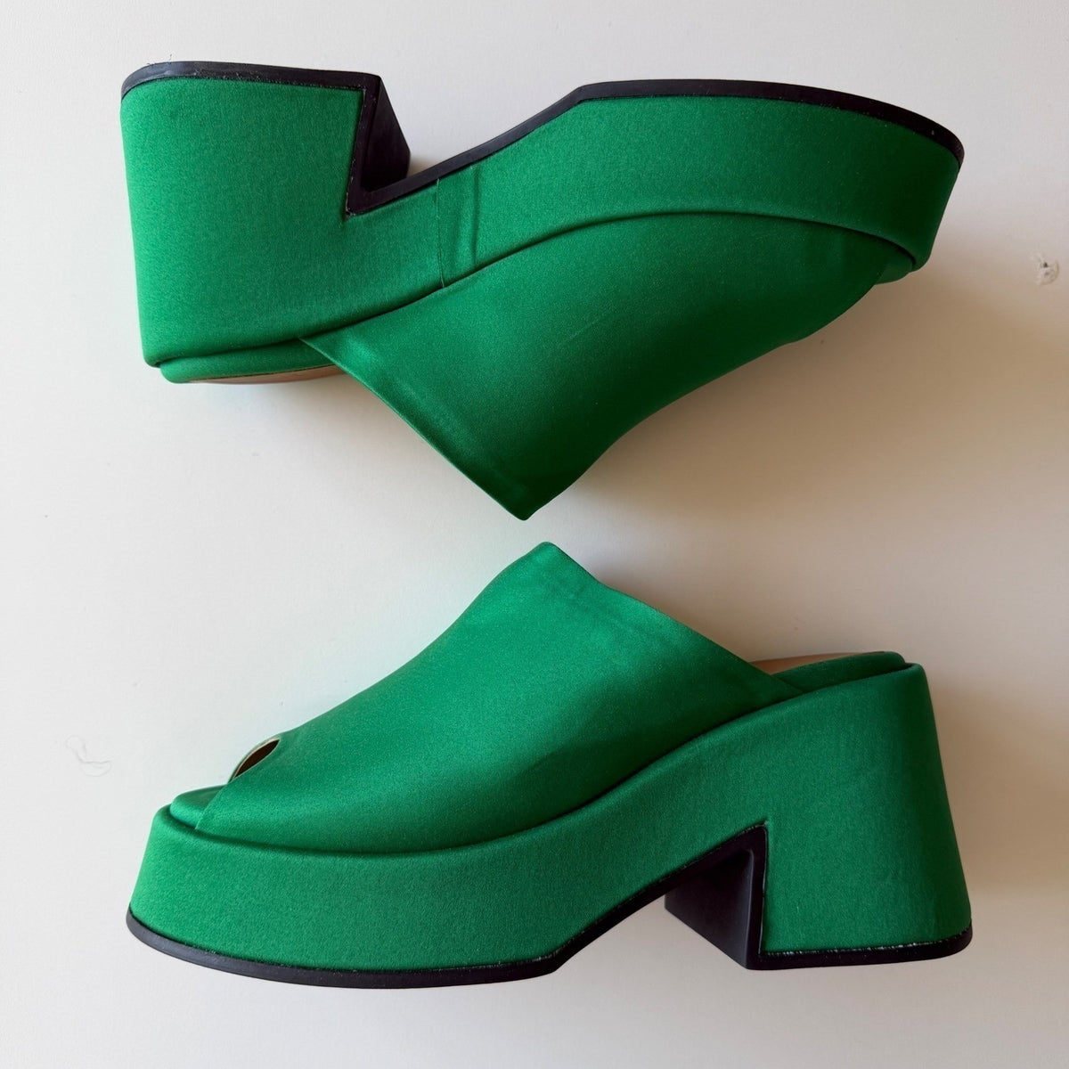 GANNI Platform Mule Slide Sandal Green Satin Block Heel Scandi Maximalist 40