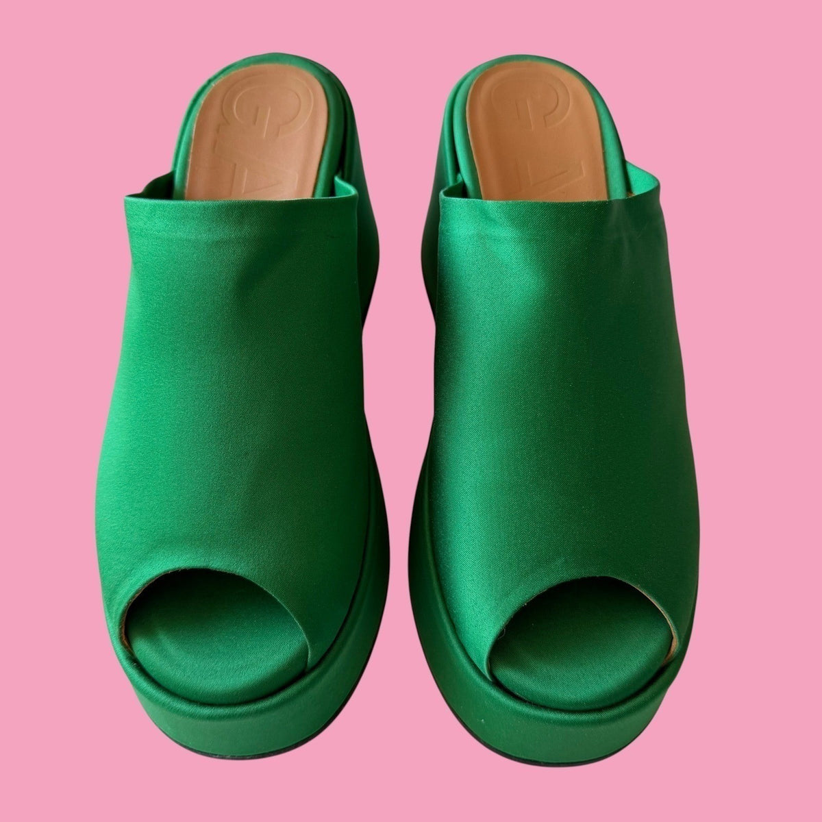 GANNI Platform Mule Slide Sandal Green Satin Block Heel Scandi Maximalist 40