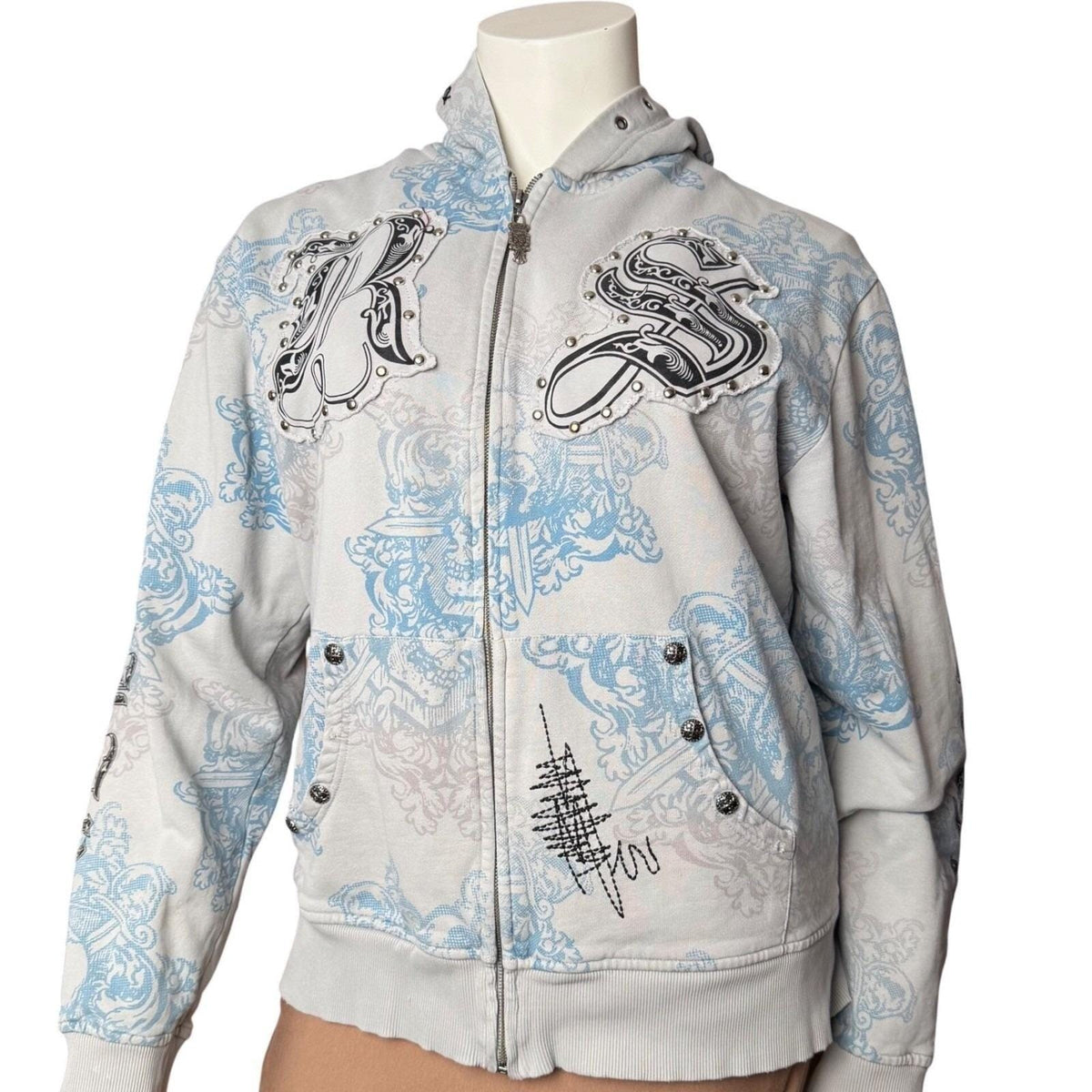 Vintage Y2K Rebel Spirit Hoodie Zip Skull Graphic Studs Grunge Streetwear 3XL