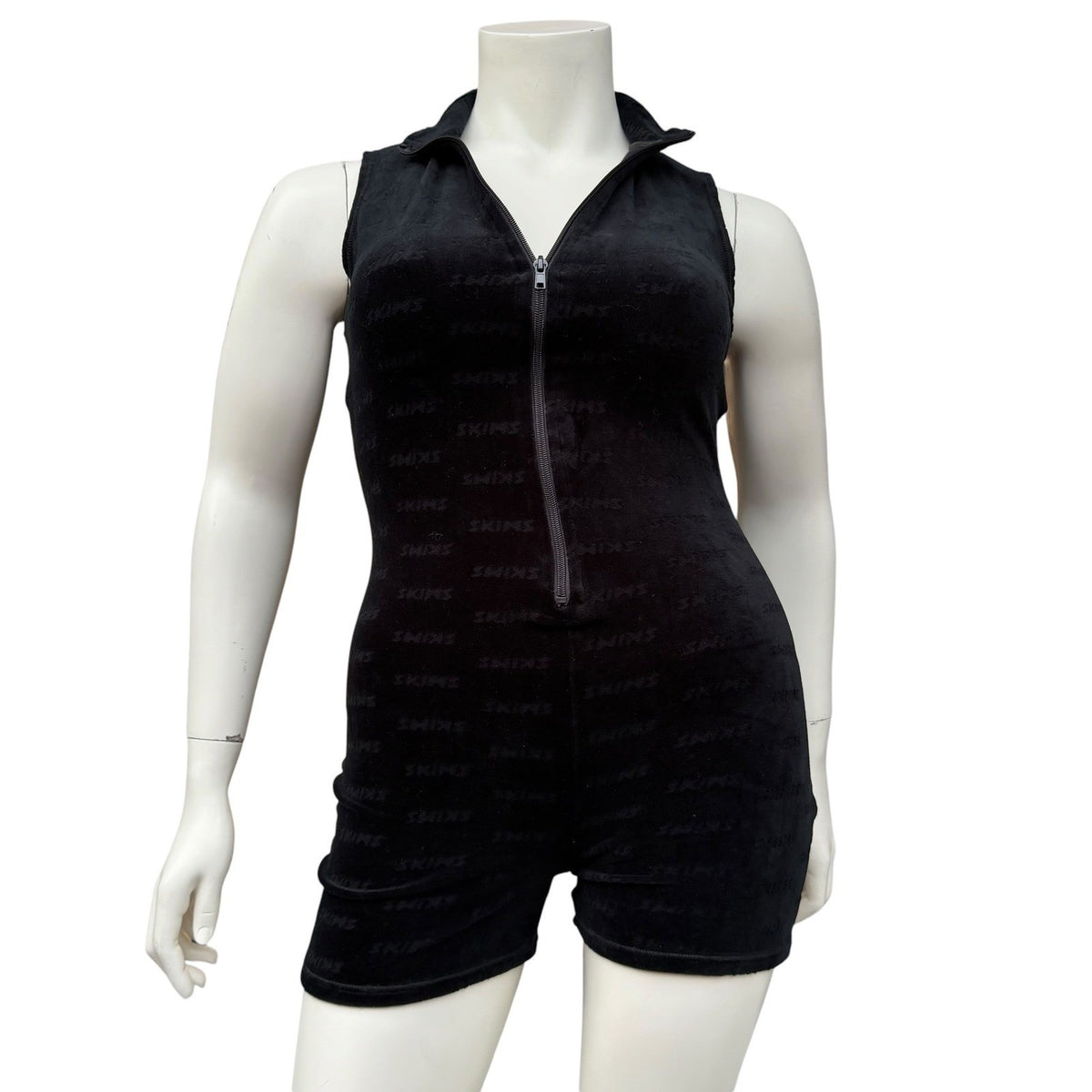 SKIMS Black Monogram Velour Zip Romper | XL — view 1