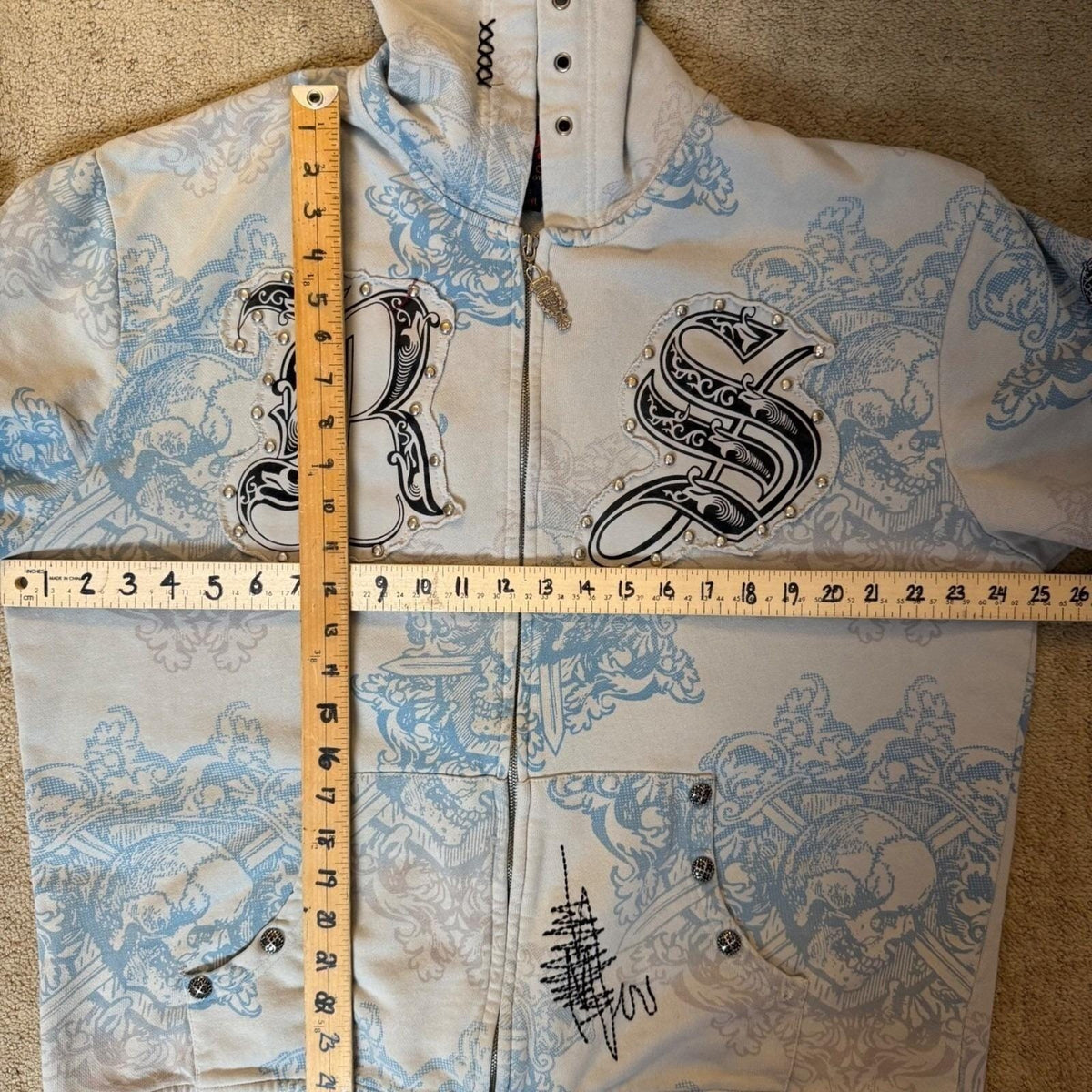 Vintage Y2K Rebel Spirit Hoodie Zip Skull Graphic Studs Grunge Streetwear 3XL