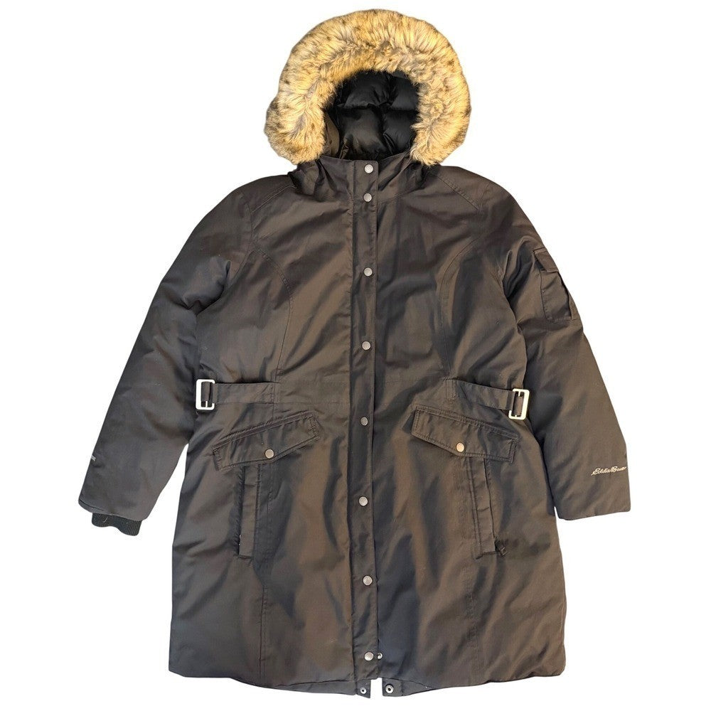 Eddie Bauer Weatheredge Superior Down Parka Black Faux Fur Hood Belted Sz XXL