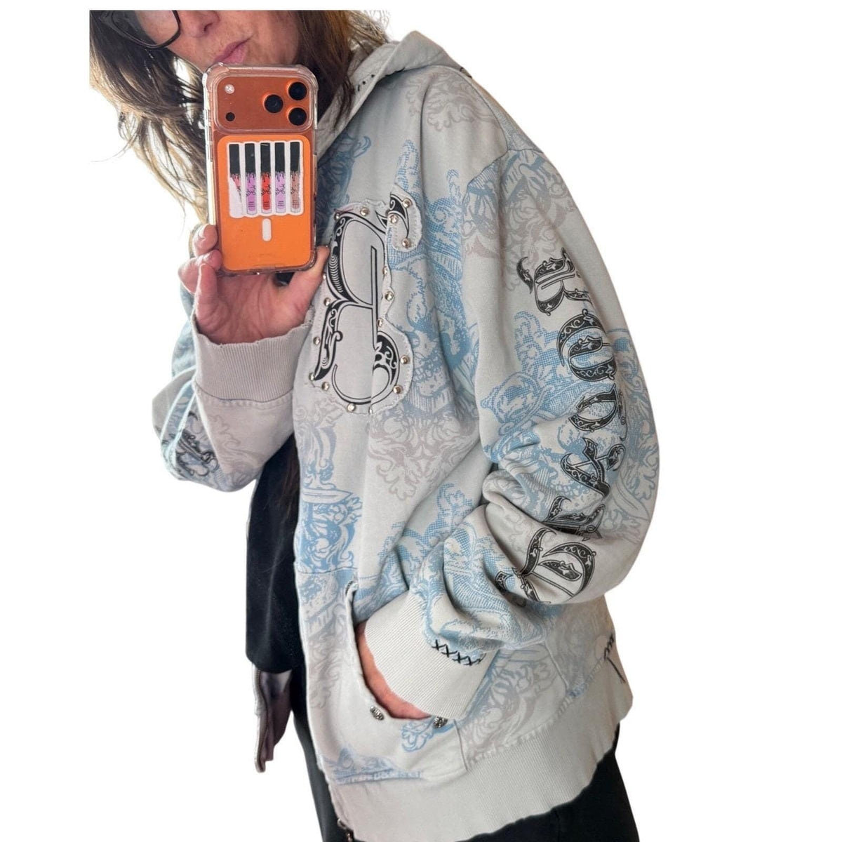 Vintage Y2K Rebel Spirit Hoodie Zip Skull Graphic Studs Grunge Streetwear 3XL
