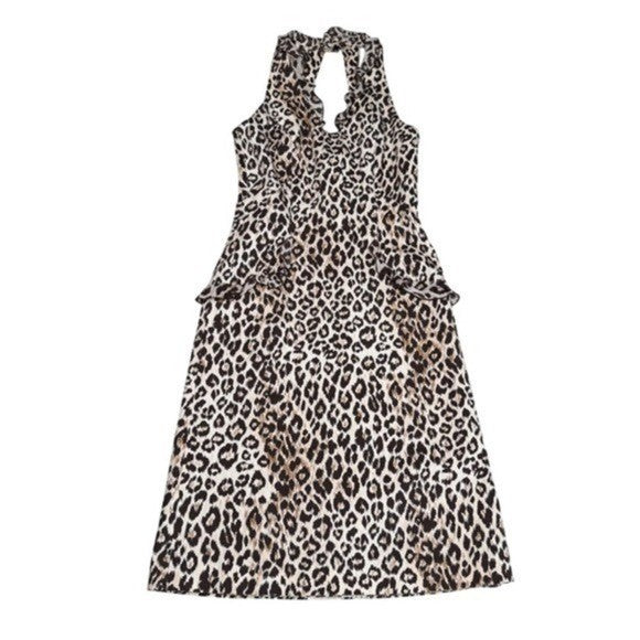 Jesus Diamante Leopard Print Body Con Midi Dress Ruffle Halter Back Cut Out XS