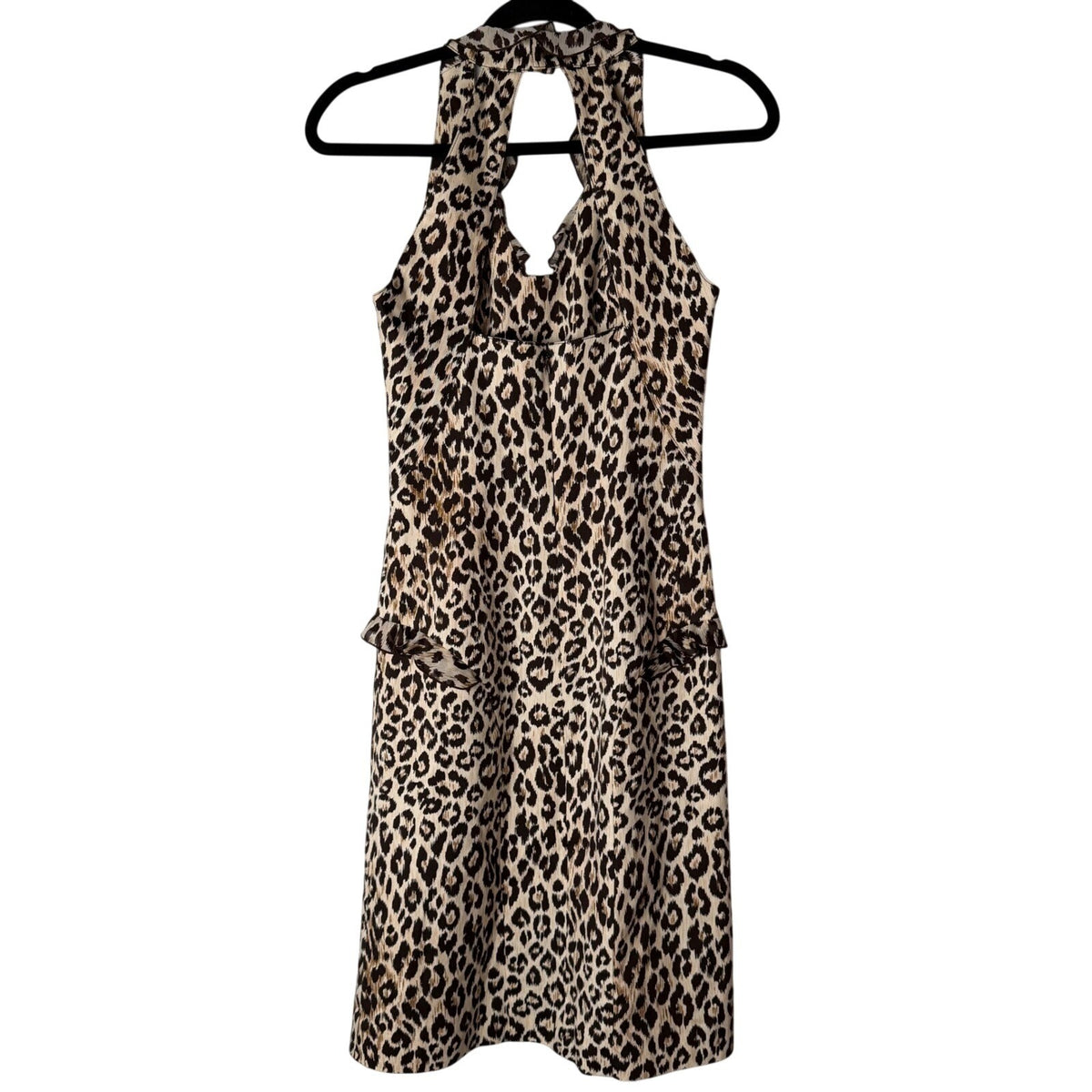 Jesus Diamante Leopard Print Body Con Midi Dress Ruffle Halter Back Cut Out XS