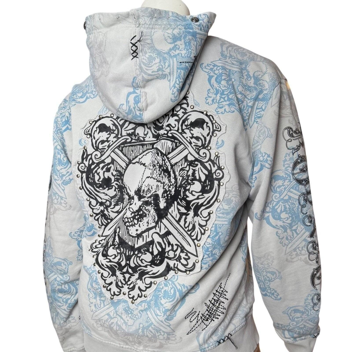 Vintage Y2K Rebel Spirit Hoodie Zip Skull Graphic Studs Grunge Streetwear 3XL