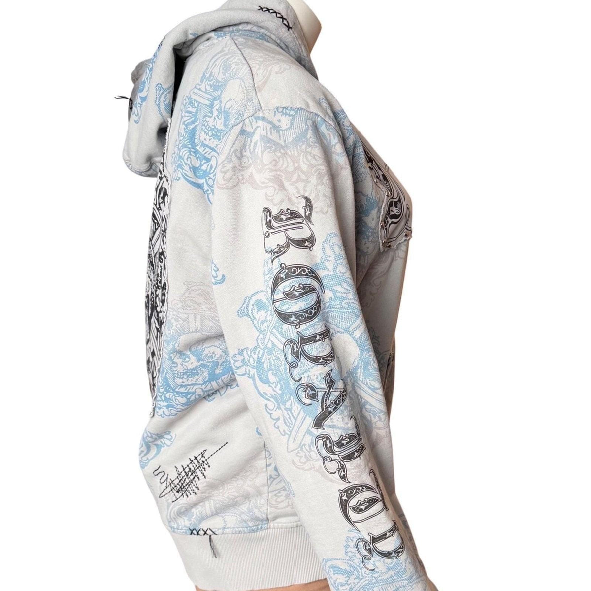 Vintage Y2K Rebel Spirit Hoodie Zip Skull Graphic Studs Grunge Streetwear 3XL