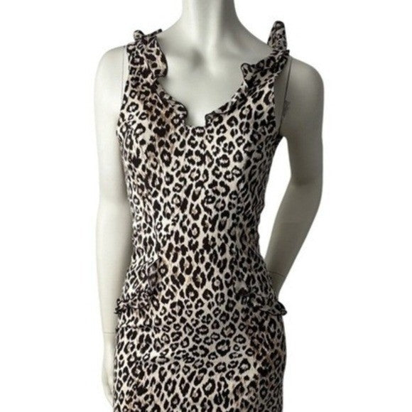 Jesus Diamante Leopard Print Body Con Midi Dress Ruffle Halter Back Cut Out XS
