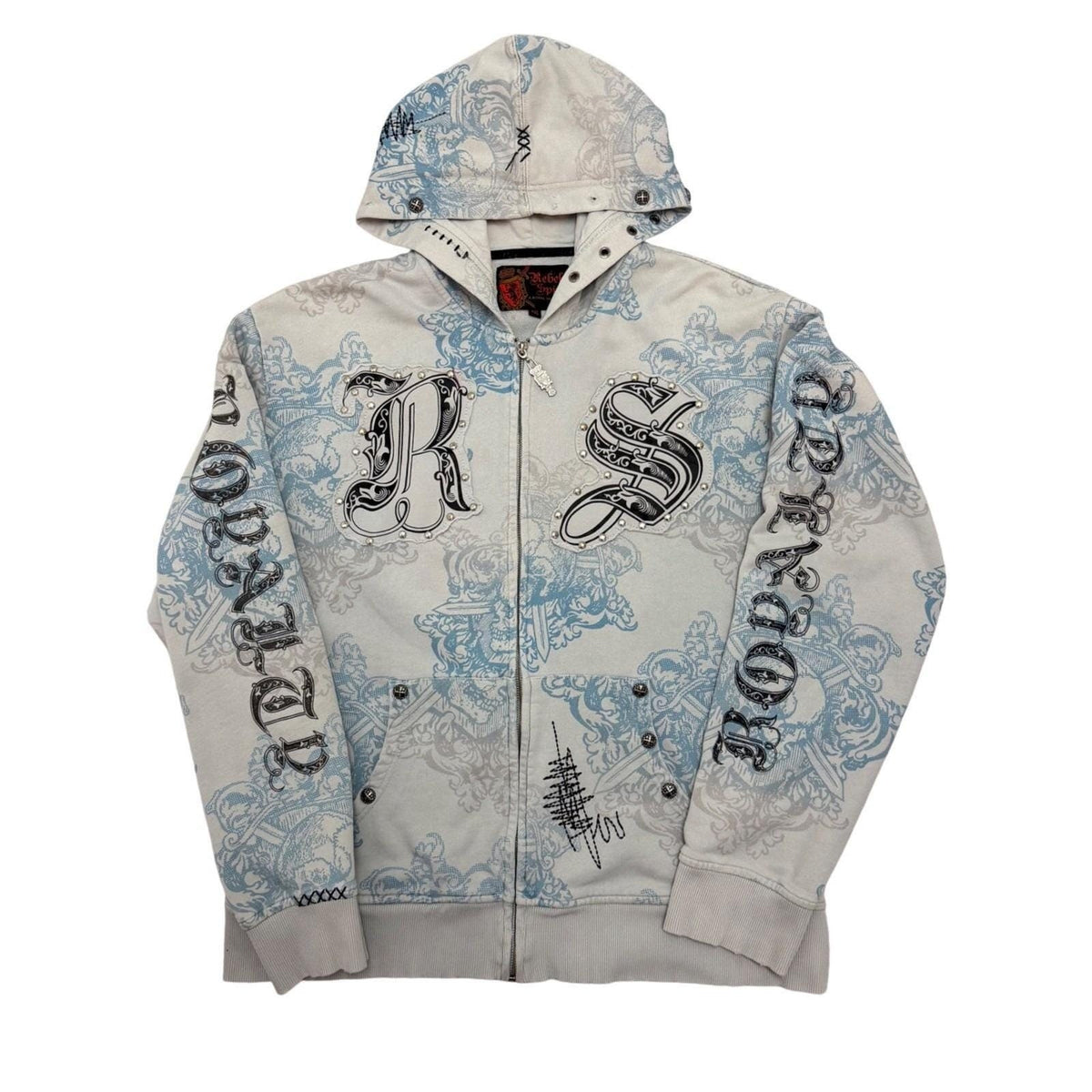 Vintage Y2K Rebel Spirit Hoodie Zip Skull Graphic Studs Grunge Streetwear 3XL