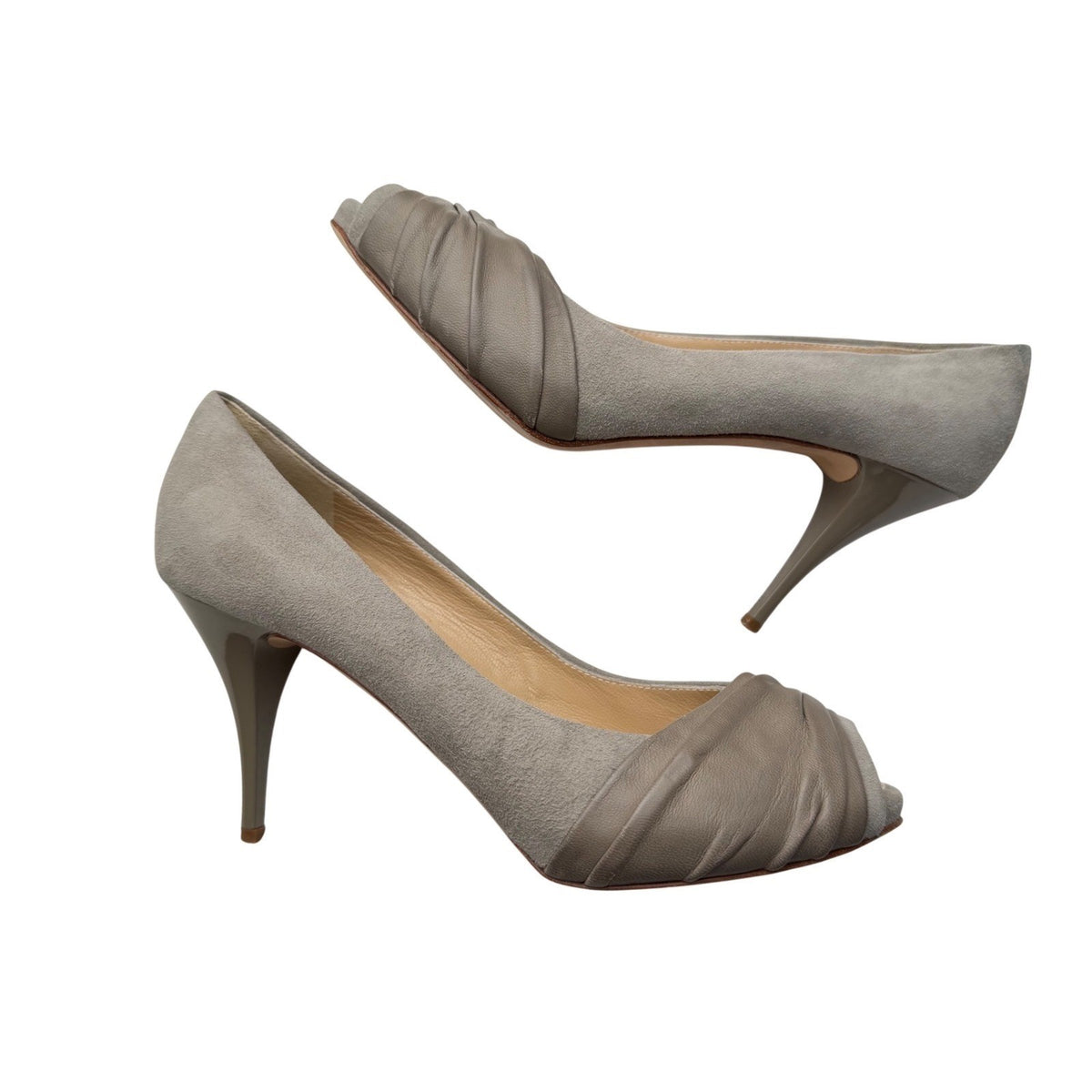 Giuseppe Zanotti Peep Toe Heels Genuine Leather Ruched Grey Suede Old Money 7.5
