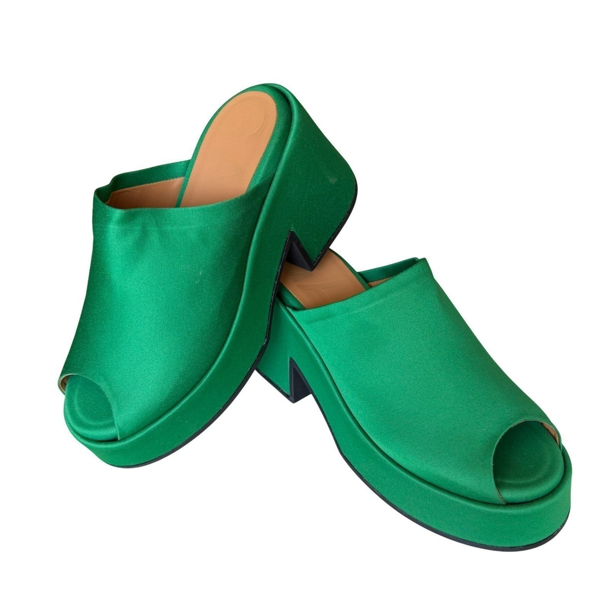 GANNI Platform Mule Slide Sandal Green Satin Block Heel Scandi Maximalist 40
