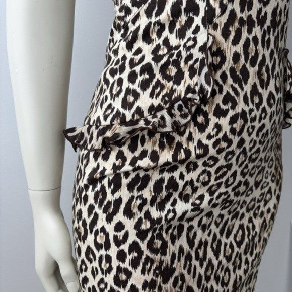 Jesus Diamante Leopard Print Body Con Midi Dress Ruffle Halter Back Cut Out XS