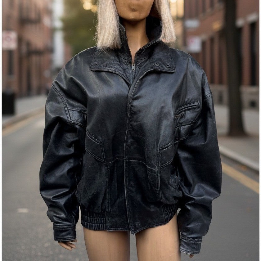 Vintage Massimo Leather Bomber Jacket Black Model Off Duty Grunge Indie Sleaze L