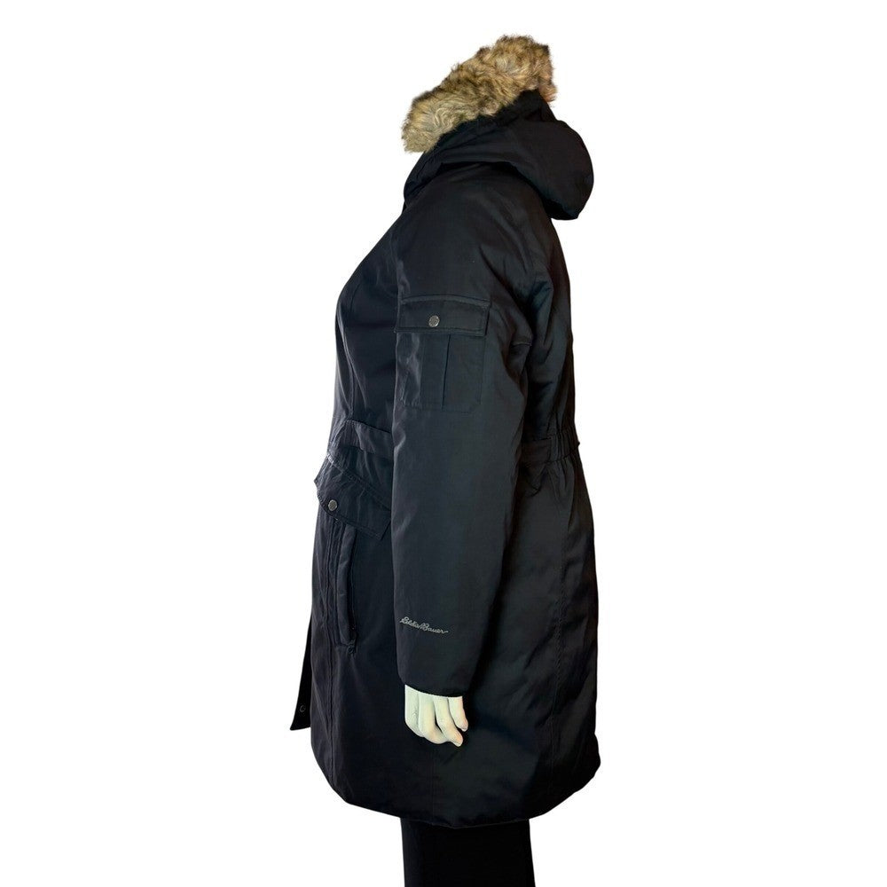 Eddie Bauer Weatheredge Superior Down Parka Black Faux Fur Hood Belted Sz XXL