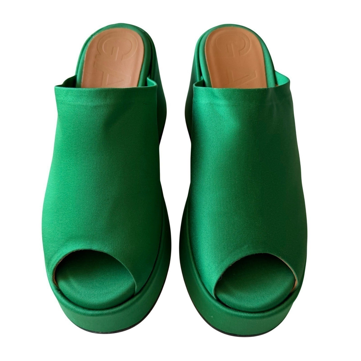 GANNI Platform Mule Slide Sandal Green Satin Block Heel Scandi Maximalist 40