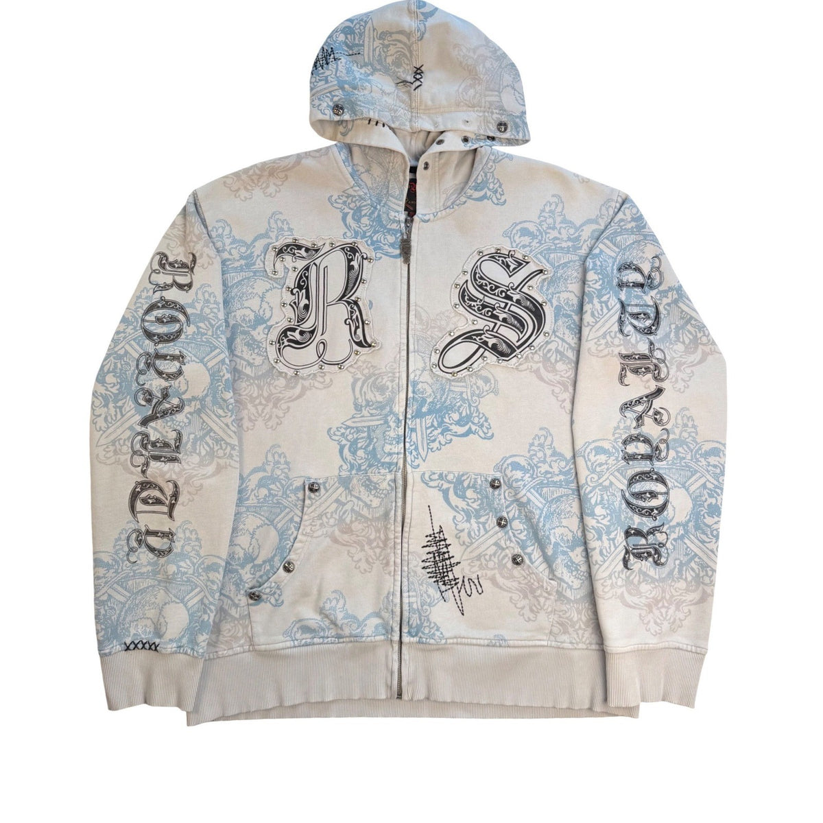 Vintage Y2K Rebel Spirit Hoodie Zip Skull Graphic Studs Grunge Streetwear 3XL