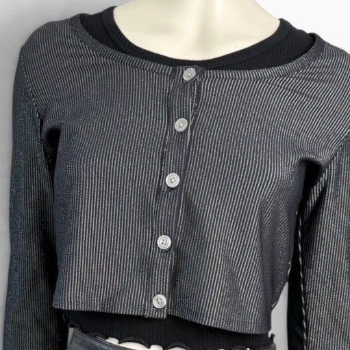 Carbon38 Black Silver Metallic Cropped Cardigan | M — view 4