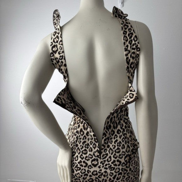 Jesus Diamante Leopard Print Body Con Midi Dress Ruffle Halter Back Cut Out XS