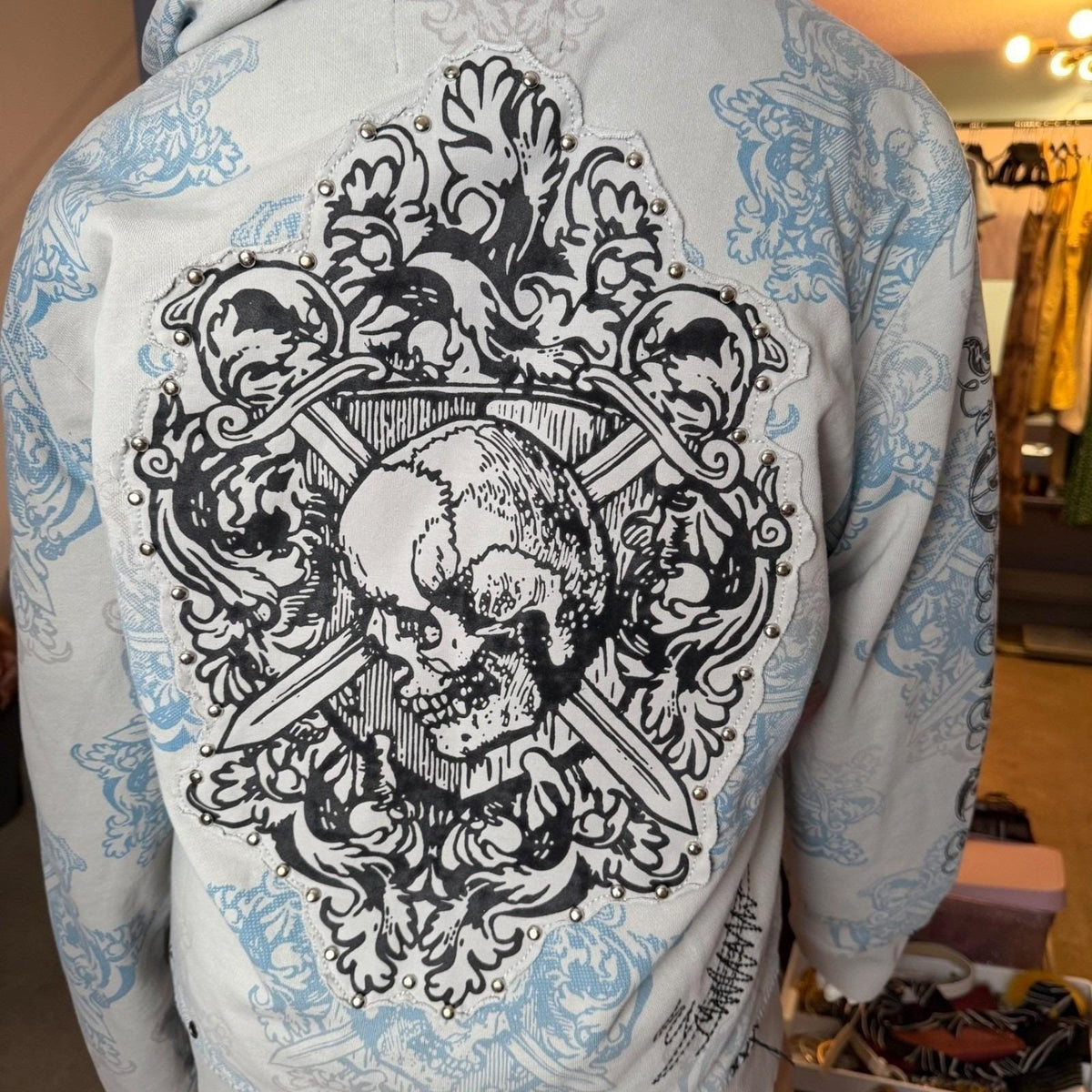 Vintage Y2K Rebel Spirit Hoodie Zip Skull Graphic Studs Grunge Streetwear 3XL