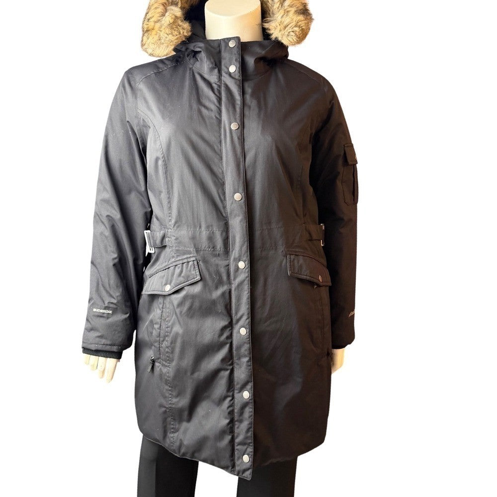 Eddie Bauer Weatheredge Superior Down Parka Black Faux Fur Hood Belted Sz XXL