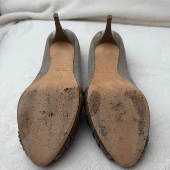 Giuseppe Zanotti Peep Toe Heels Genuine Leather Ruched Grey Suede Old Money 7.5