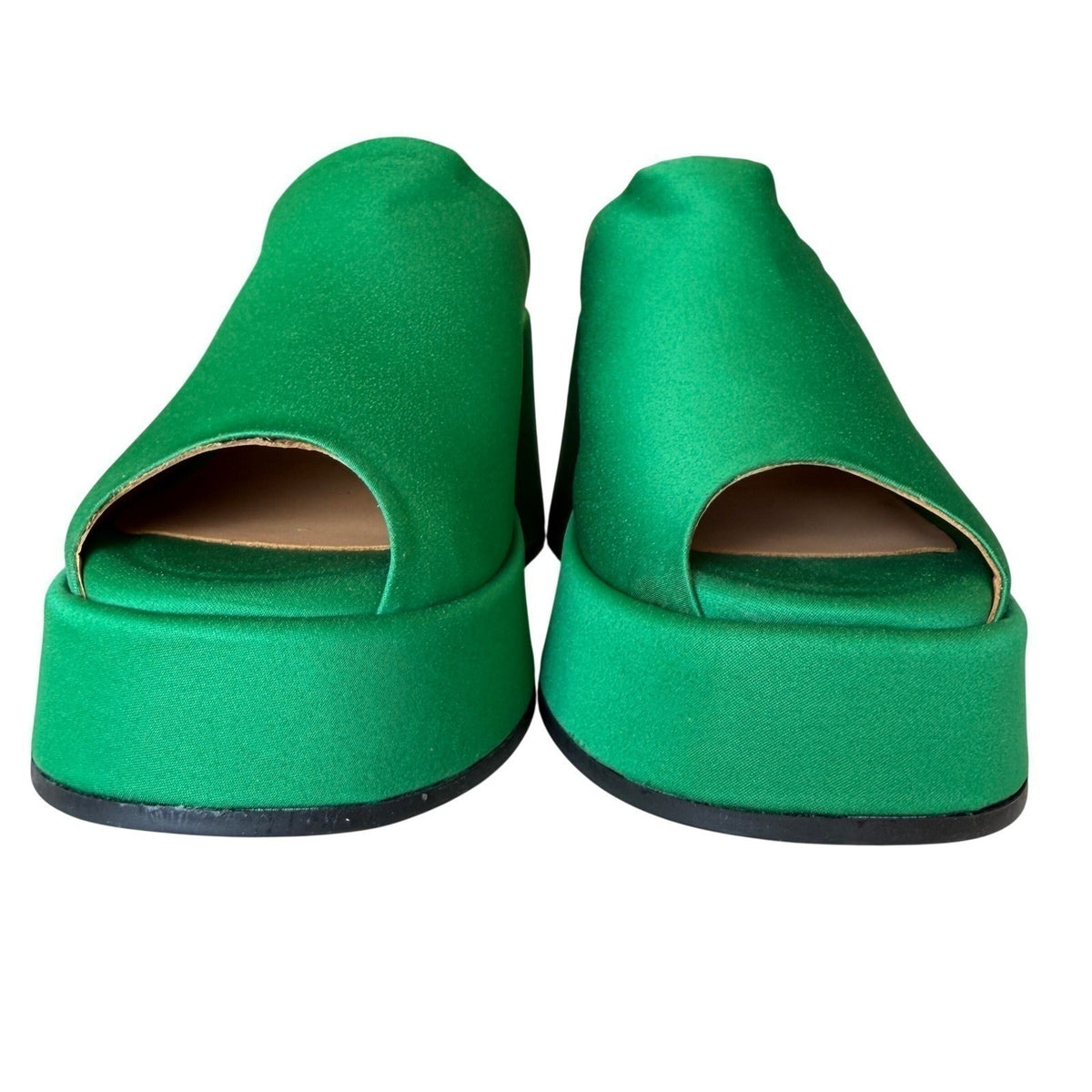GANNI Platform Mule Slide Sandal Green Satin Block Heel Scandi Maximalist 40
