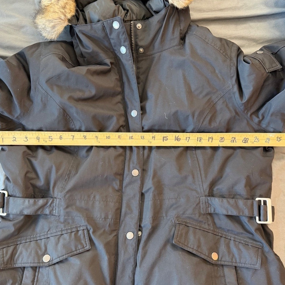 Eddie Bauer Weatheredge Superior Down Parka Black Faux Fur Hood Belted Sz XXL