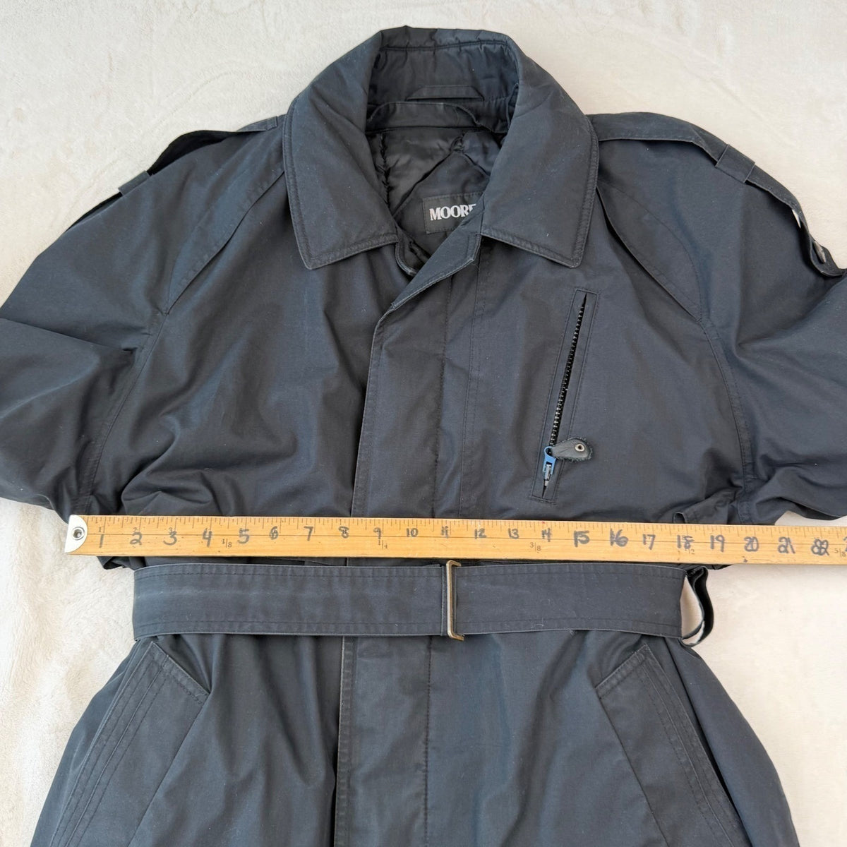 Vintage Moores Black Belted Trench Coat | 38L — view 5