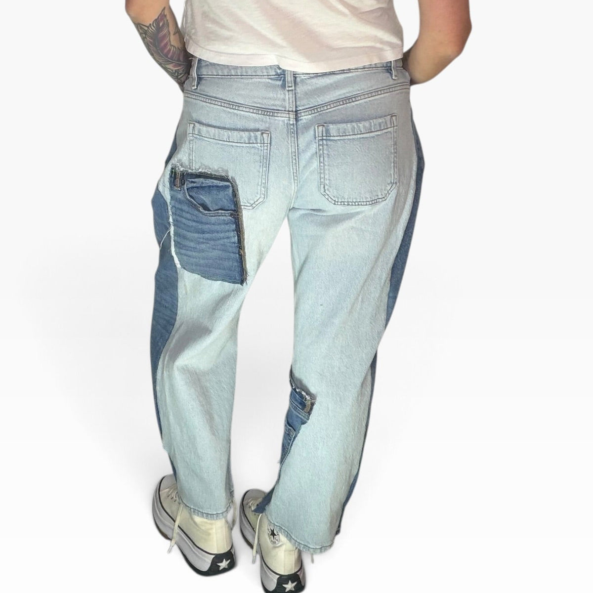 Patchwork Denim Barrel Leg Jeans with Distressed Details