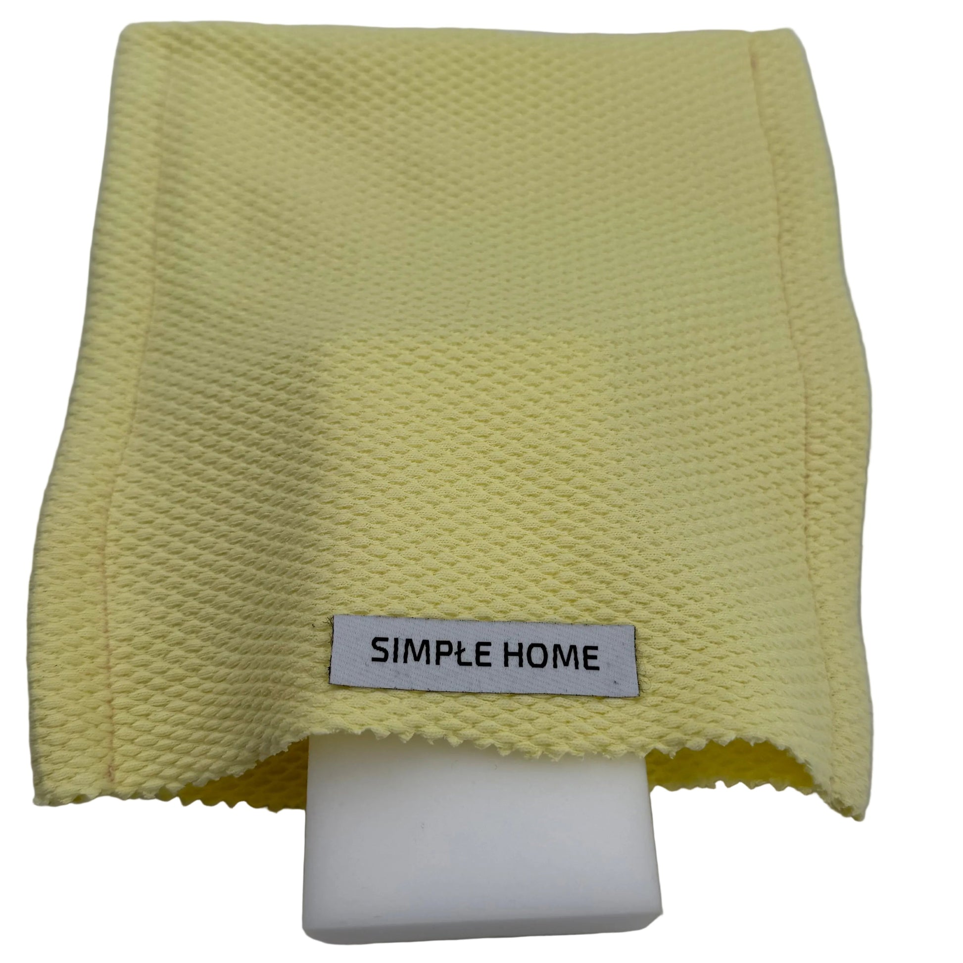 Yellow microfiber cloth with a white bar of soap on a light gray background, branded 'Simple Home'.