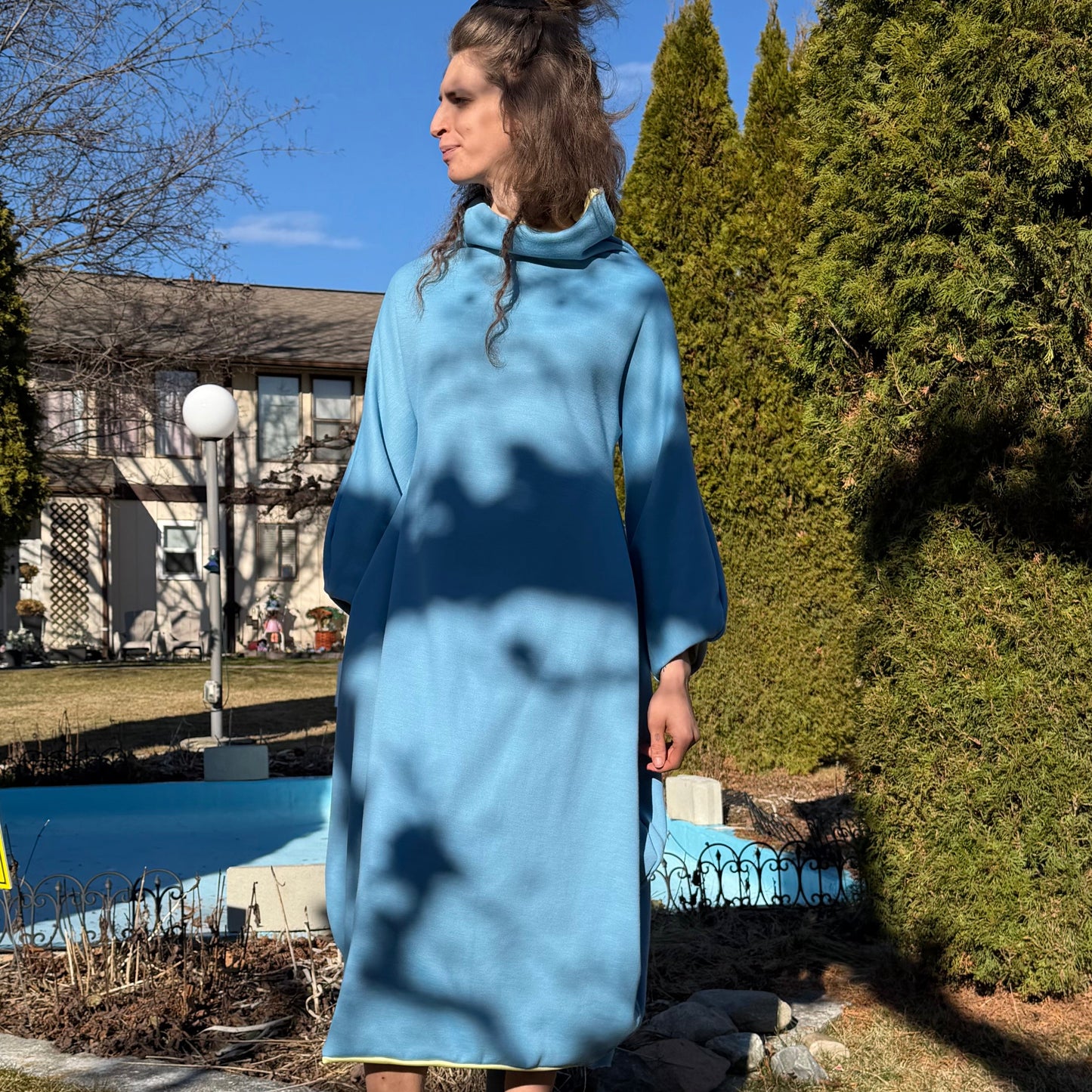 Simpłe Reversible Dress back view — rounded silhouette zero straight lines handmade in Vernon BC