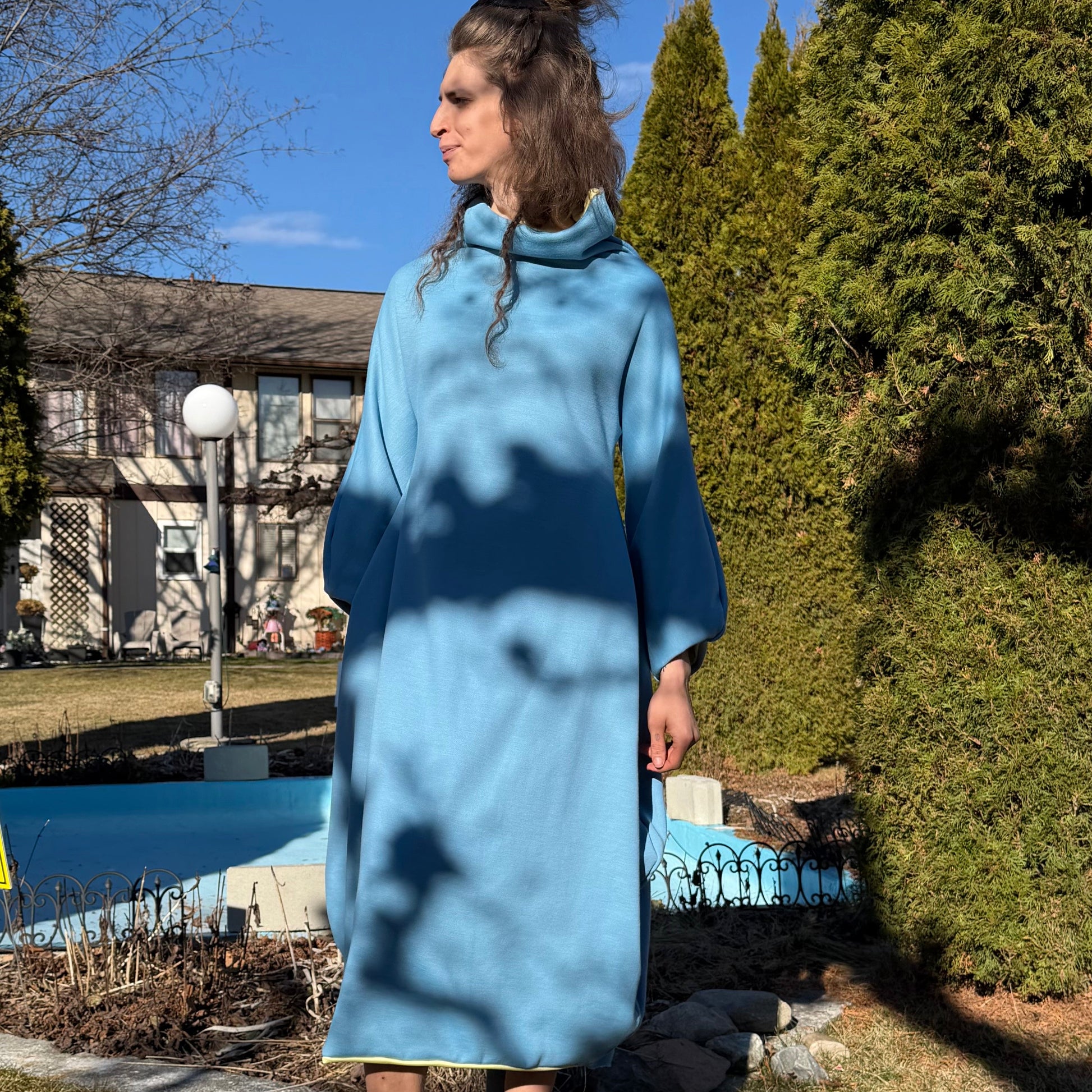 Simpłe Reversible Dress back view — rounded silhouette zero straight lines handmade in Vernon BC