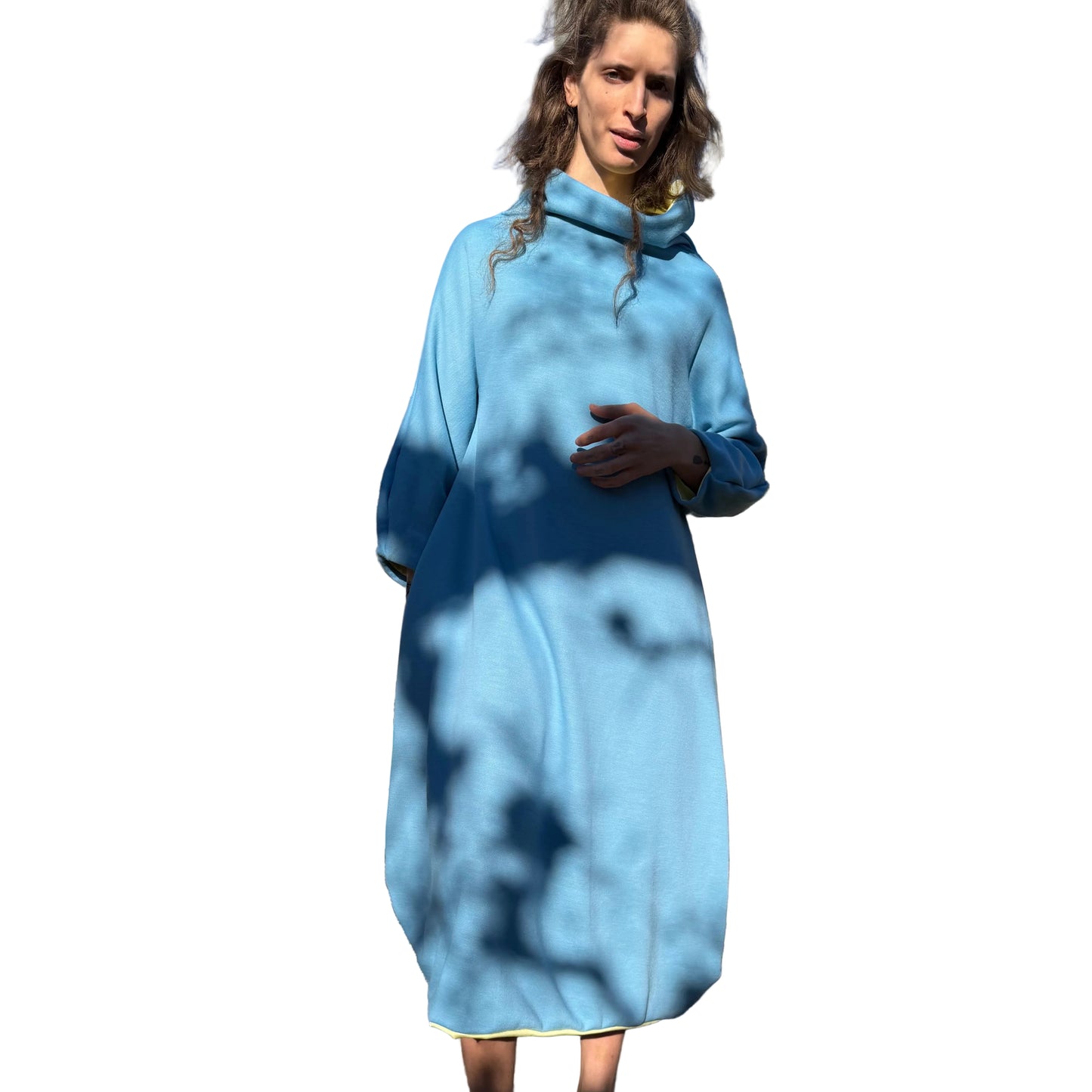 Simpłe Reversible Dress styled — bell sleeves folded back contrast colour Indigenous woman owned Canada