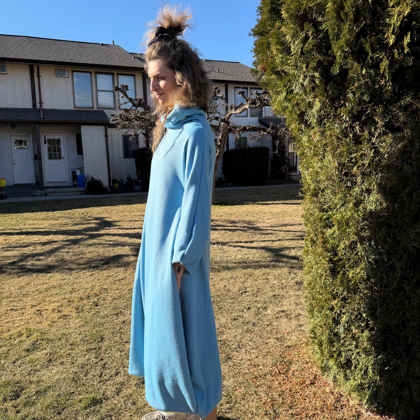 Simpłe Reversible Dress colour combinations — blue grey yellow made to order Canadian sustainable fashion