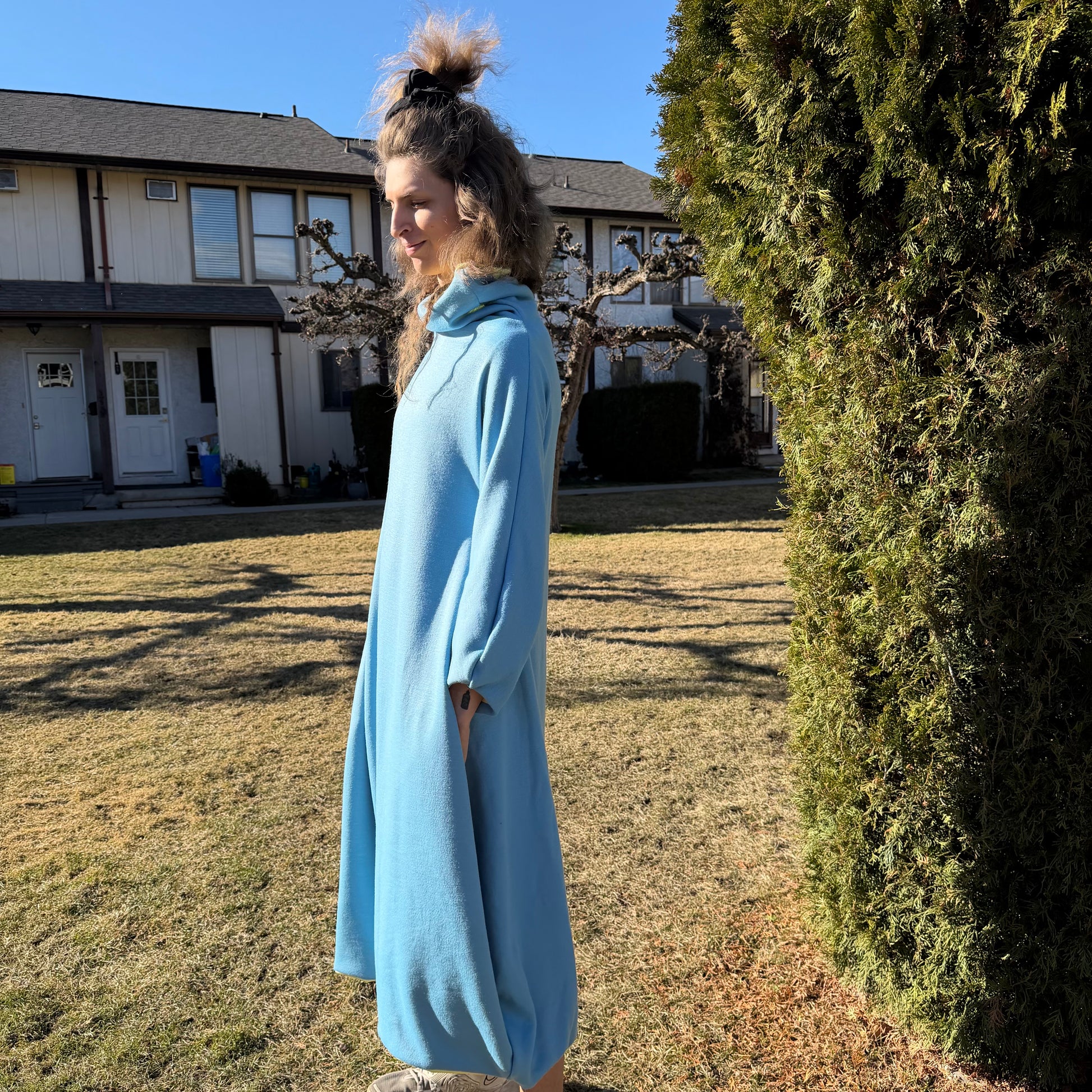 Simpłe Reversible Dress colour combinations — blue grey yellow made to order Canadian sustainable fashion