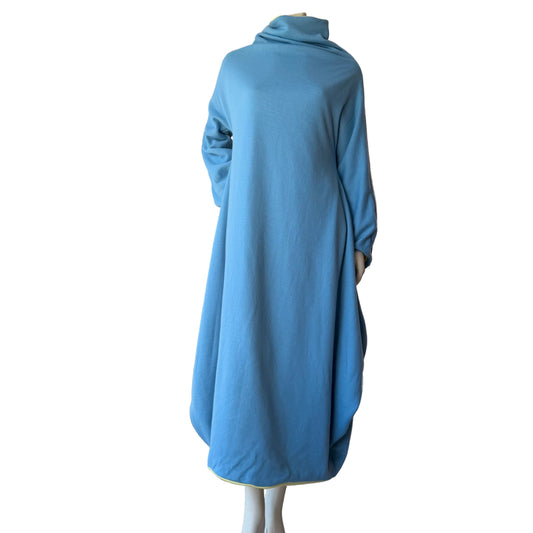 Simpłe Reversible Dress in blue — handmade cowl neck bell sleeve knit dress by SIMPŁE MAISON Vernon BC